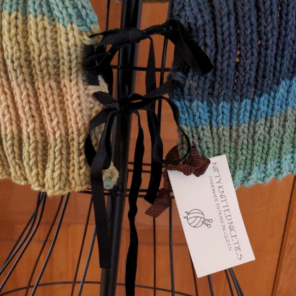 Handmade Knitted Scarf Cape in Blue and Green Tones 2 Black Velvet Ribbons - Picture 7 of 9